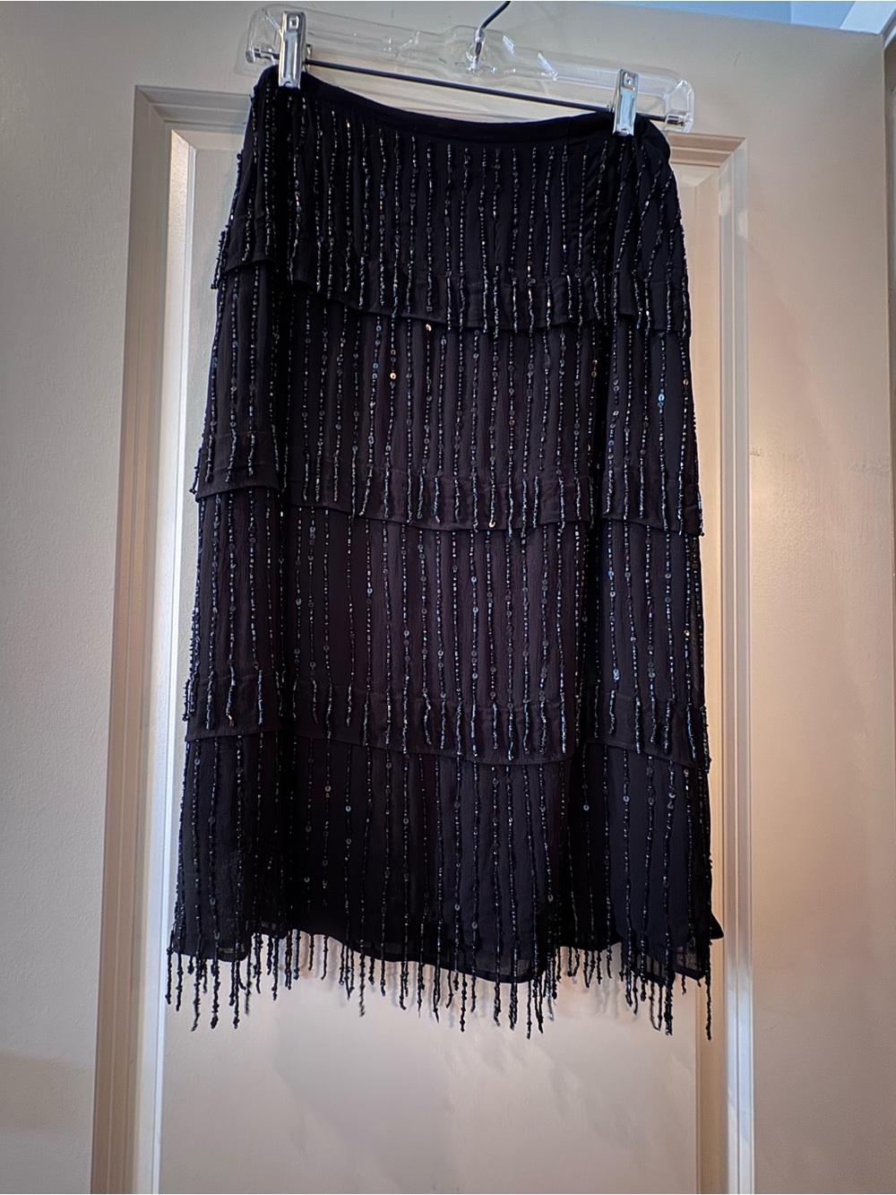 Chico's Black Tiered Beaded Fringe A-Line Skirt
